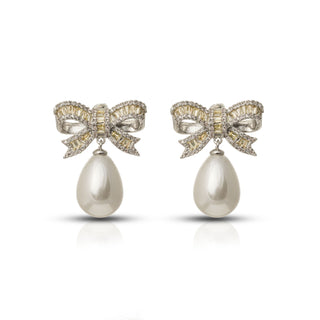 Crystal Bow Pearl Drop Earrings